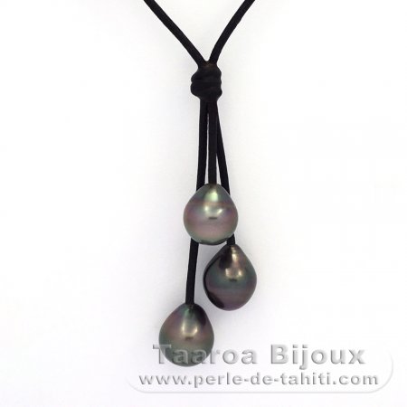 Collana in Cuoio e 3 Perle di Tahiti Semi-Barocche B  10 a 10.2 mm