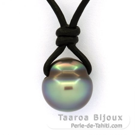 Collana in Cuoio e 1 Perla di Tahiti Cerchiata C 11.8 mm