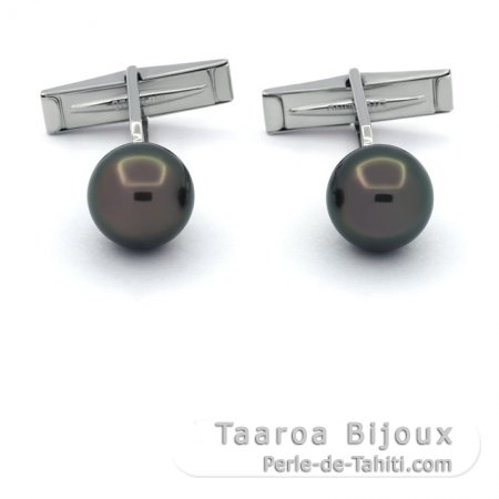 Gemelli in Argento e 2 Perle di Tahiti Rotonde C 10.5 mm