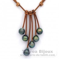 Collana in Cuoio e 6 Perle di Tahiti Cerchiate C+ di 9 a 9.2 mm
