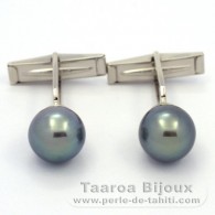 Gemelli in Argento e 2 Perle di Tahiti Rotonda C 10.7 mm