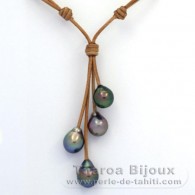 Collana in Cuoio e 4 Perle di Tahiti Semi-Barocche B+ di 10.1 a 10.5 mm