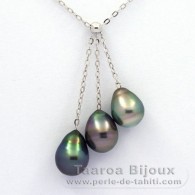 Collana in Argento e 3 Perle di Tahiti Cerchiate B di 8.5 a 8.7 mm