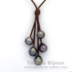 Collana in Cuoio e 5 Perle di Tahiti Semi-Barocche B/C  10 a 10.3 mm