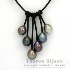 Collana in Cuoio e 6 Perle di Tahiti Semi-Barroca C  9 a 9.5 mm