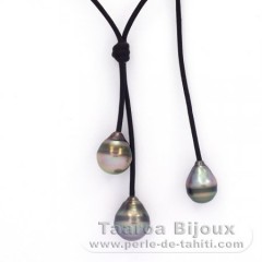 Collana in Cuoio e 3 Perle di Tahiti Cerchiate C 9 a 10.4 mm