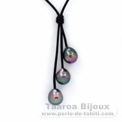 Collana in Cuoio e 4 Perle di Tahiti Cerchiate C 9.1 a 10.7 mm