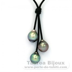 Collana in Cuoio e 3 Perle di Tahiti Cerchiate B  9.5 a 9.8 mm