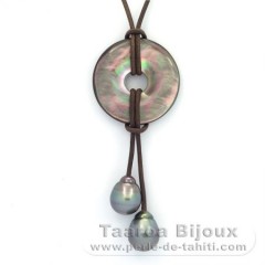 Collana in Cuoio e 2 Perle di Tahiti Cerchiate C  10 e 10.9 mm