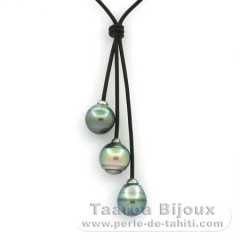 Collana in Cuoio e 3 Perle di Tahiti Cerchiate B/C 11.3 a 11.8 mm