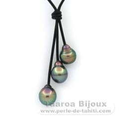 Collana in Cuoio e 3 Perle di Tahiti Cerchiate B 10 a 10.5 mm