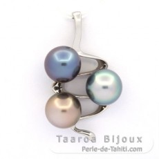 Ciondolo in Argento e 3 Perle di Tahiti Semi-Rotonde C 9.8 a 10 mm