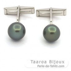 Gemelli in Argento e 2 Perle di Tahiti Rotonde C 10.6 mm