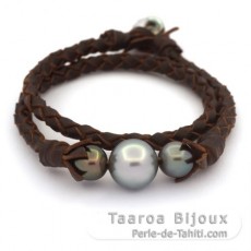 Braccialetto in Cuoio e 3 Perle di Tahiti Rotonde C 9.5 a 13.4 mm