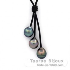 Collana in Cuoio e 3 Perle di Tahiti Cerchiate C da 10.8 a 10.9 mm