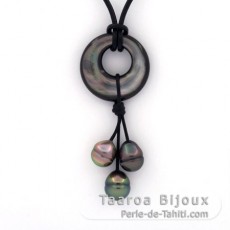Collana in Cuoio e 3 Perle di Tahiti Cerchiate B da 8.9 a 9.4 mm