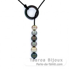 Collana in Cuoio e 6 Perle di Tahiti Semi-Barroca C da 10.1 a 10.9 mm