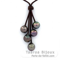 Collana in Cuoio e 5 Perle di Tahiti Semi-Barocche B/C da 10 a 10.3 mm