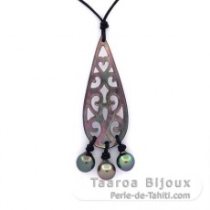 Collana in Cuoio e 3 Perle di Tahiti Semi-Barocche B da 8.2 a 8.4 mm