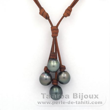 Collana in Cuoio e 4 Perle di Tahiti Semi-Barroca C di 12.6 a 13.7 mm