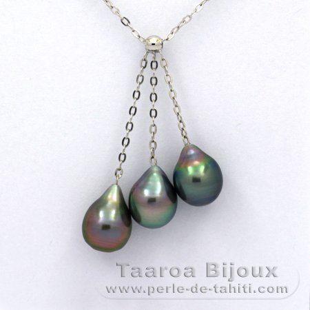 Collana in Argento e 3 Perle di Tahiti Semi-Barroca B di 8.5 a 8.7 mm