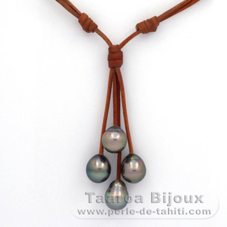 Collana in Cuoio e 4 Perle di Tahiti Semi-Barroca B/C di 9.7 a 10.1 mm