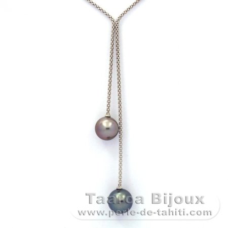 Collana in Argento e 2 Perle di Tahiti Rotonda C 10.9 e 11.5 mm