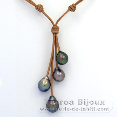 Collana in Cuoio e 4 Perle di Tahiti Semi-Barroca B+ di 10.1 a 10.5 mm