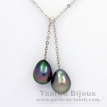 Collana in Argento e 2 Perle di Tahiti Semi-Barroca B 9.5 e 9.9 mm