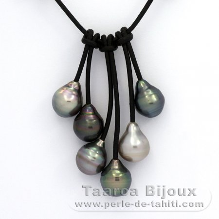 Collana in Cuoio e 6 Perle di Tahiti Cerchiate B  10 a 10.3 mm