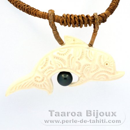 Collana in fibra di cocco intrecciata e 1 Perla di Tahiti Rotonda C 8.3 mm