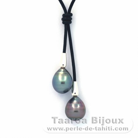 Collana in Cuoio e 2 Perle di Tahiti Cerchiate C 10.8 e 11 mm