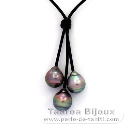 Collana in Cuoio e 3 Perle di Tahiti Cerchiate B 10 a 10.2 mm