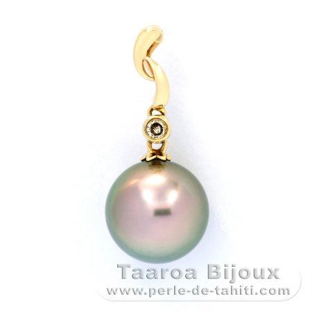 Ciondolo in Gold 14k + 1 diamante e 1 Perla de Tahiti Rotonda C 13.3 mm