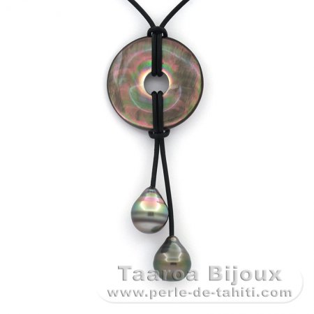 Collana in Cuoio e 2 Perle di Tahiti Cerchiate C 11.7 mm