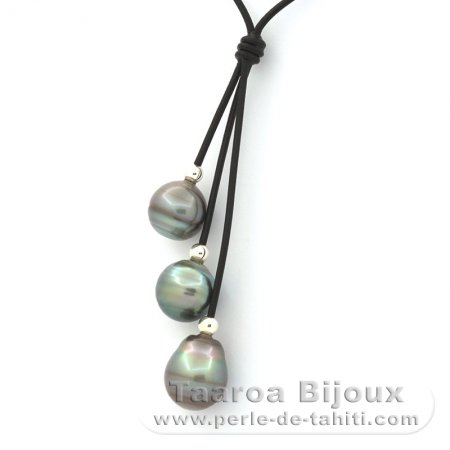 Collana in Cuoio e 3 Perle di Tahiti Cerchiate BC 12 a 11.5 mm