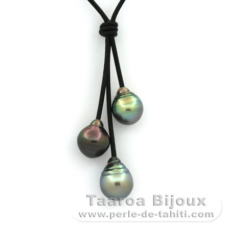 Collana in Cuoio e 3 Perle di Tahiti Cerchiate B 10.1 a 10.7 mm