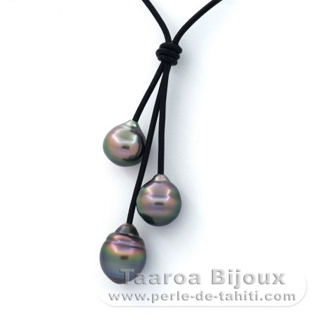 Collana in Cuoio e 3 Perle di Tahiti Cerchiate BC 11 a 11.4 mm