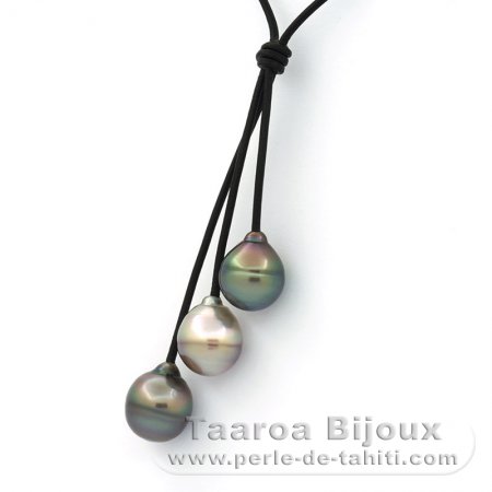 Collana in Cuoio e 3 Perle di Tahiti Cerchiate C 11.5 a 11.9 mm