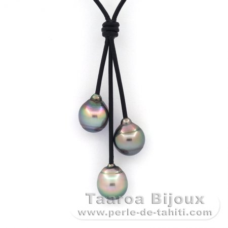 Collana in Cuoio e 3 Perle di Tahiti Cerchiate BC 10.2 a 10.6 mm