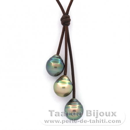 Collana in Cuoio e 3 Perle di Tahiti Cerchiate C 11 a 11.6 mm