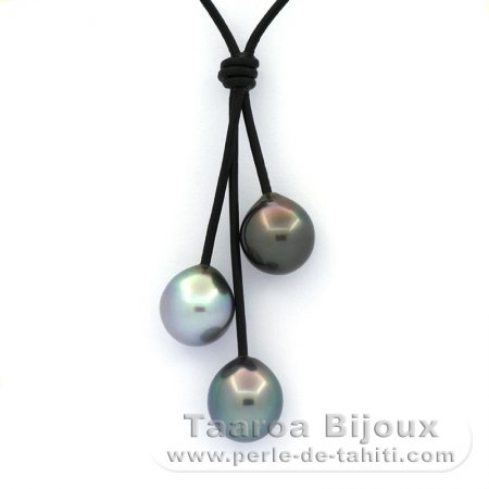Collana in Cuoio e 3 Perle di Tahiti Semi-Barroca C di 11.5 a 11.6 mm