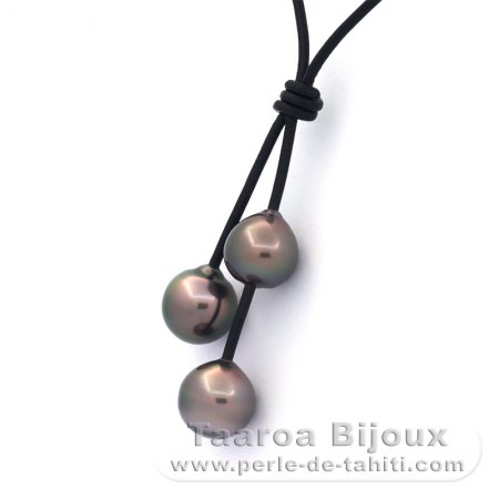Collana in Cuoio e 3 Perle di Tahiti Semi-Barroca BC di 10 a 10.4 mm