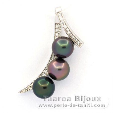 Ciondolo in Argento e 3 Perle di Tahiti Rotonde C 8.1 a 8.2 mm