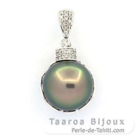 Ciondolo in Oro bianco 18k + 35 diamanti e 1 Perla de Tahiti Rotonda B 13.9 mm