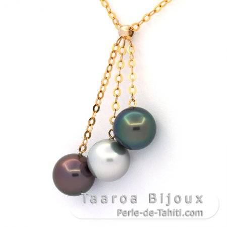 Collana in Oro 18K e 3 Perle di Tahiti Rotonda B+ 9.1 mm