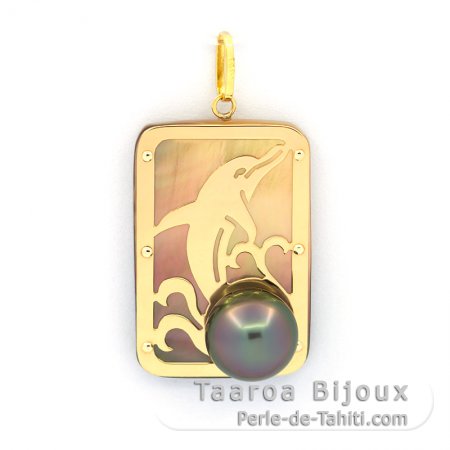 Ciondolo in Oro 18K, Madreperla e 1 metà perla di Tahiti - Diametro = 28 x 19 mm - Delfino