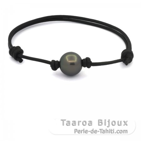 Braccialetto in Cuoio e 1 Perla di Tahiti Rotonda C 12.3 mm