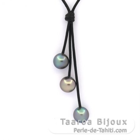 Collana in Cuoio e 3 Perle di Tahiti Semi-Rotonda C 10.1 a 10.3 mm
