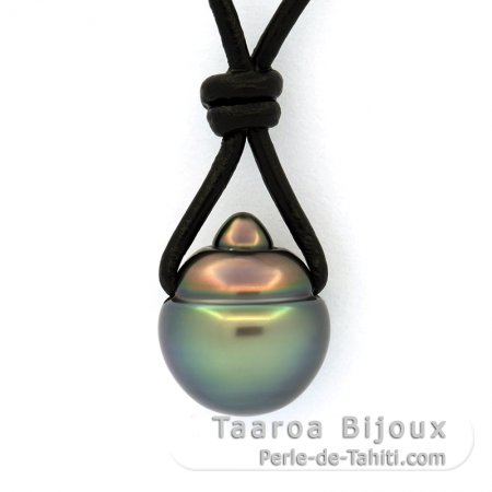 Collana in Cuoio e 1 Perla di Tahiti Cerchiate B 11.8 mm
